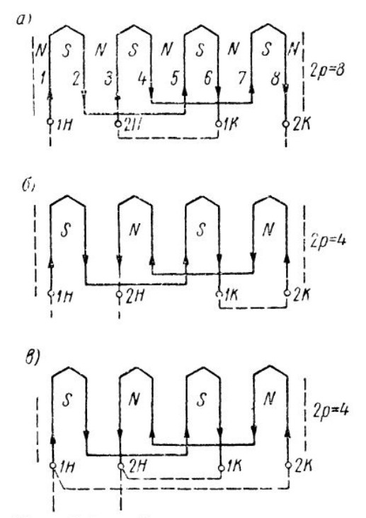 Схемы переключения секций обмотки статора8 и 4